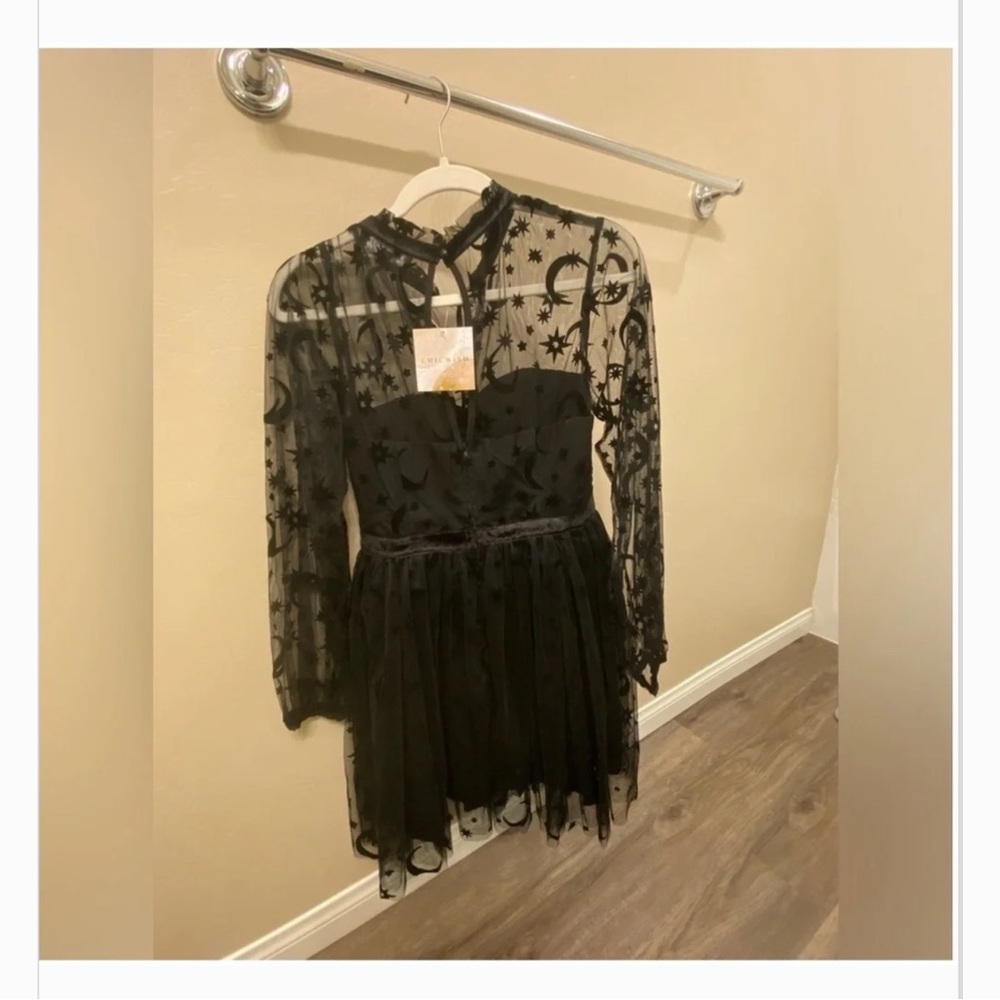 Witchy star & moon tulle mesh black mini dress NWT Halloween soft goth - Picture 3 of 4